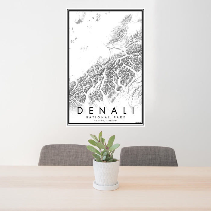 24x36 Denali National Park Map Print Portrait Orientation in Classic Style Behind 2 Chairs Table and Potted Plant