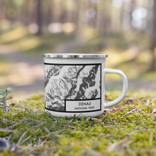 Right View Custom Denali National Park Map Enamel Mug in Classic on Grass With Trees in Background