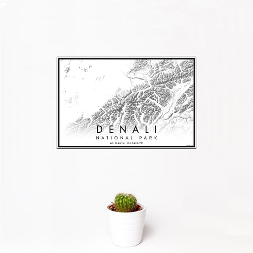 12x18 Denali National Park Map Print Landscape Orientation in Classic Style With Small Cactus Plant in White Planter
