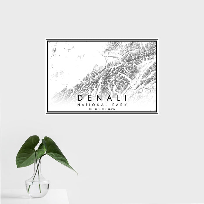16x24 Denali National Park Map Print Landscape Orientation in Classic Style With Tropical Plant Leaves in Water
