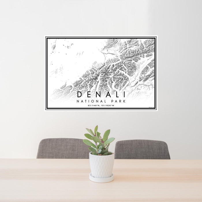 24x36 Denali National Park Map Print Landscape Orientation in Classic Style Behind 2 Chairs Table and Potted Plant
