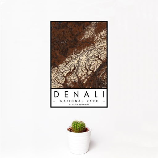 12x18 Denali National Park Map Print Portrait Orientation in Ember Style With Small Cactus Plant in White Planter