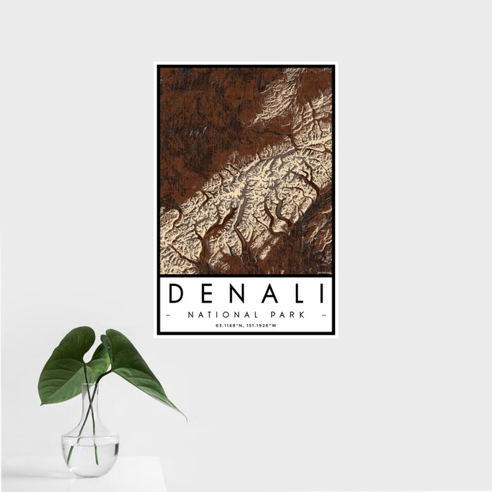 16x24 Denali National Park Map Print Portrait Orientation in Ember Style With Tropical Plant Leaves in Water