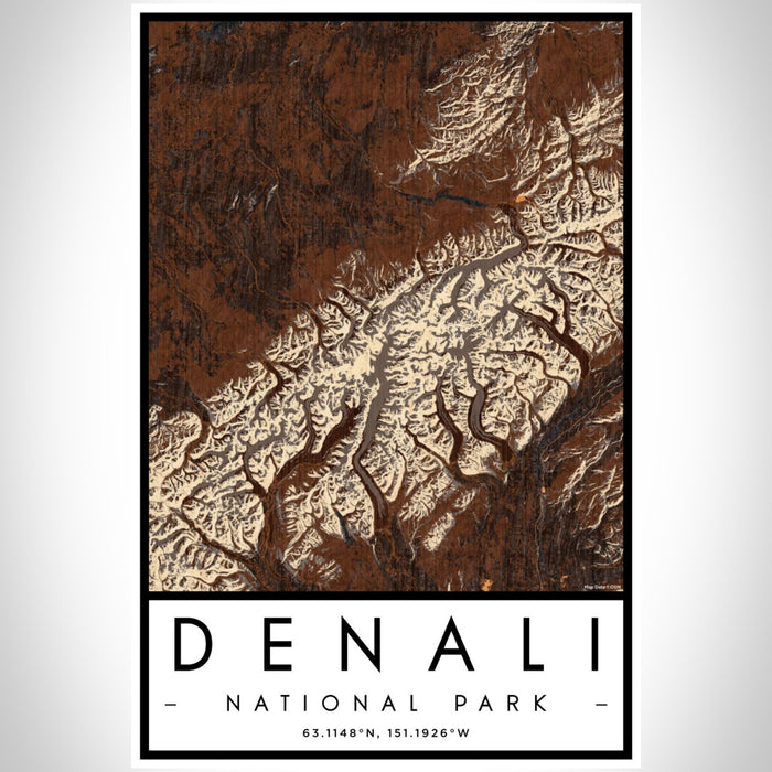 Denali National Park Map Print Portrait Orientation in Ember Style With Shaded Background