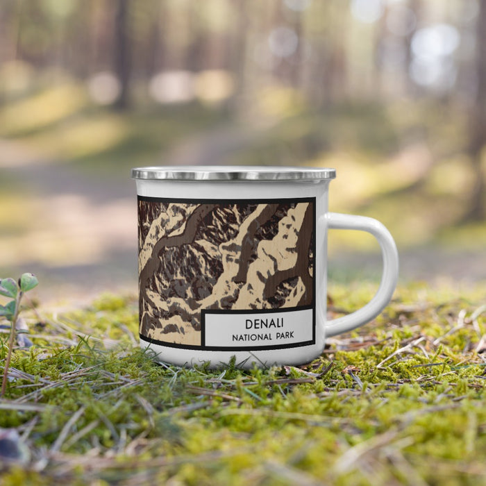 Right View Custom Denali National Park Map Enamel Mug in Ember on Grass With Trees in Background