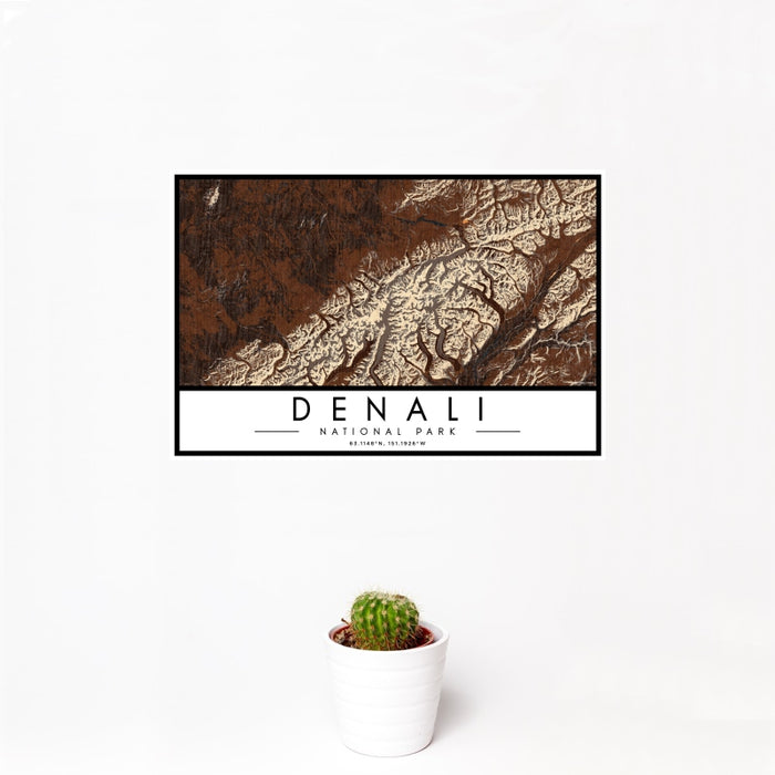 12x18 Denali National Park Map Print Landscape Orientation in Ember Style With Small Cactus Plant in White Planter