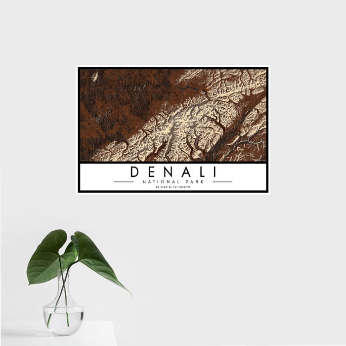 16x24 Denali National Park Map Print Landscape Orientation in Ember Style With Tropical Plant Leaves in Water