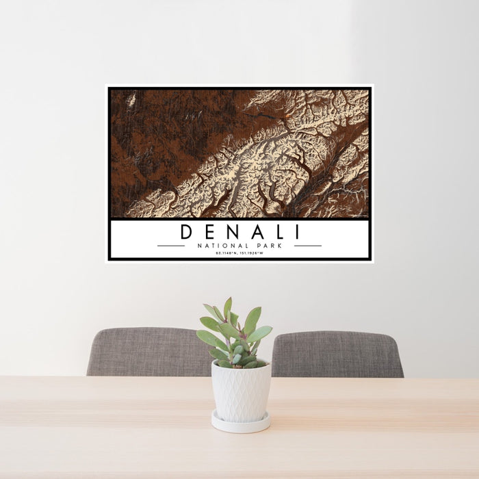 24x36 Denali National Park Map Print Landscape Orientation in Ember Style Behind 2 Chairs Table and Potted Plant