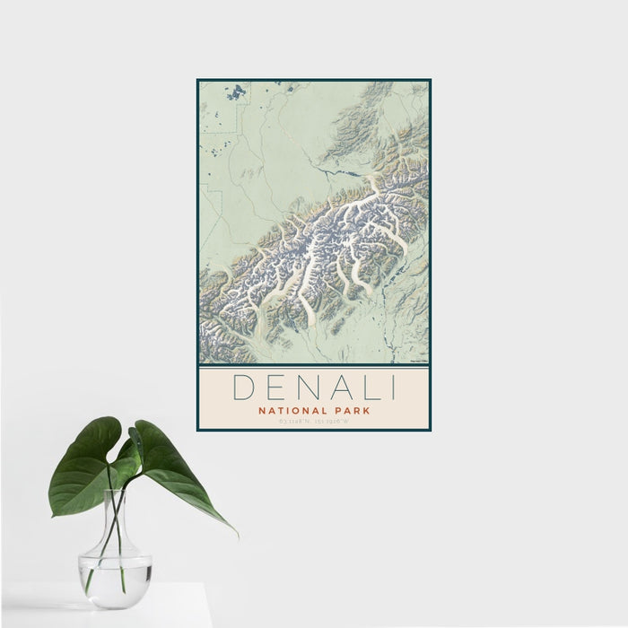 16x24 Denali National Park Map Print Portrait Orientation in Woodblock Style With Tropical Plant Leaves in Water