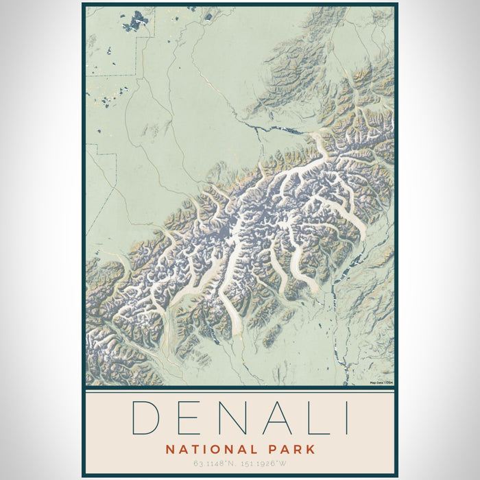 Denali National Park Map Print Portrait Orientation in Woodblock Style With Shaded Background