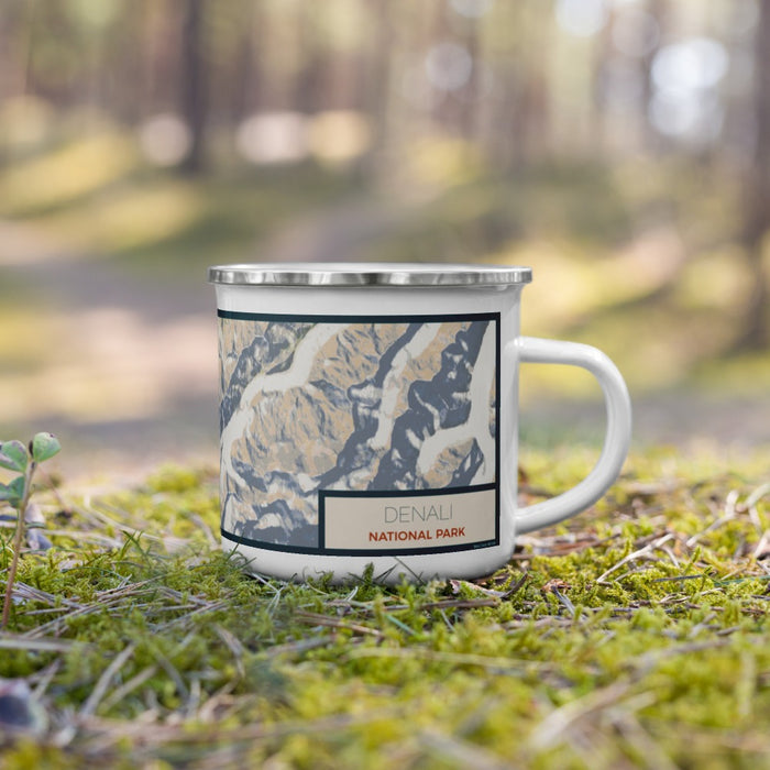Right View Custom Denali National Park Map Enamel Mug in Woodblock on Grass With Trees in Background
