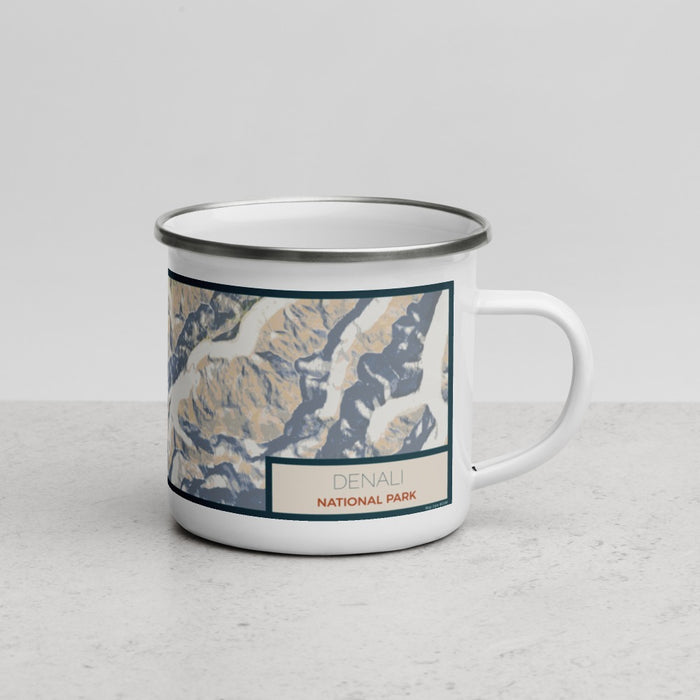 Right View Custom Denali National Park Map Enamel Mug in Woodblock