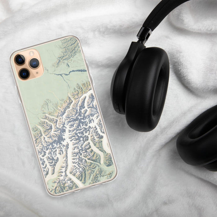 Custom Denali National Park Map Phone Case in Woodblock on Table with Black Headphones
