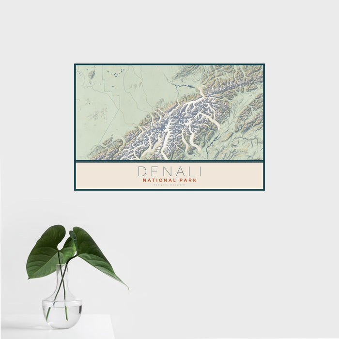 16x24 Denali National Park Map Print Landscape Orientation in Woodblock Style With Tropical Plant Leaves in Water
