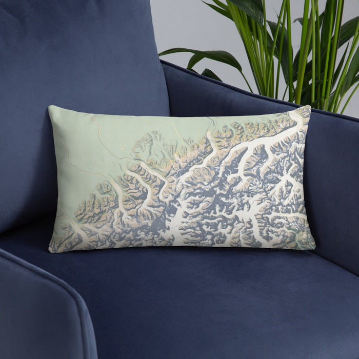 Custom Denali National Park Map Throw Pillow in Woodblock on Blue Colored Chair