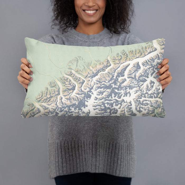 Person holding 20x12 Custom Denali National Park Map Throw Pillow in Woodblock