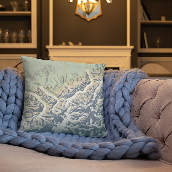Custom Denali National Park Map Throw Pillow in Woodblock on Cream Colored Couch