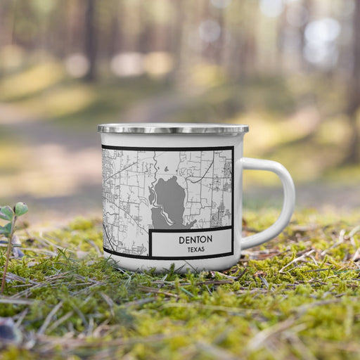 Right View Custom Denton Texas Map Enamel Mug in Classic on Grass With Trees in Background