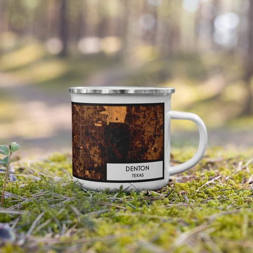 Right View Custom Denton Texas Map Enamel Mug in Ember on Grass With Trees in Background