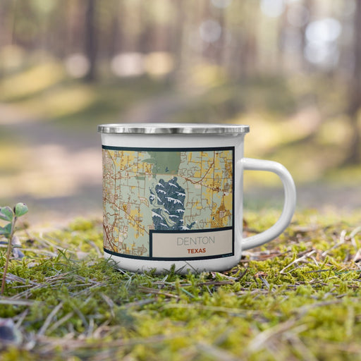 Right View Custom Denton Texas Map Enamel Mug in Woodblock on Grass With Trees in Background