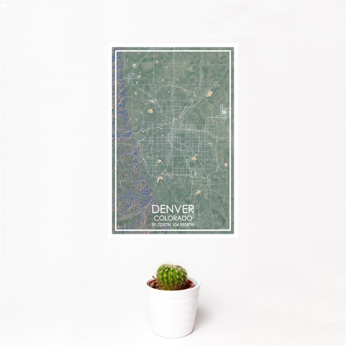 12x18 Denver Colorado Map Print Portrait Orientation in Afternoon Style With Small Cactus Plant in White Planter