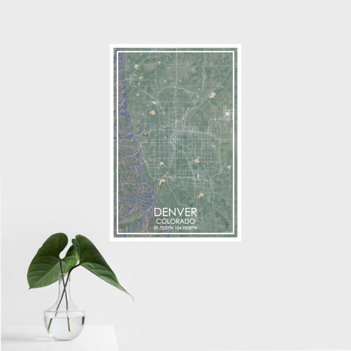 16x24 Denver Colorado Map Print Portrait Orientation in Afternoon Style With Tropical Plant Leaves in Water