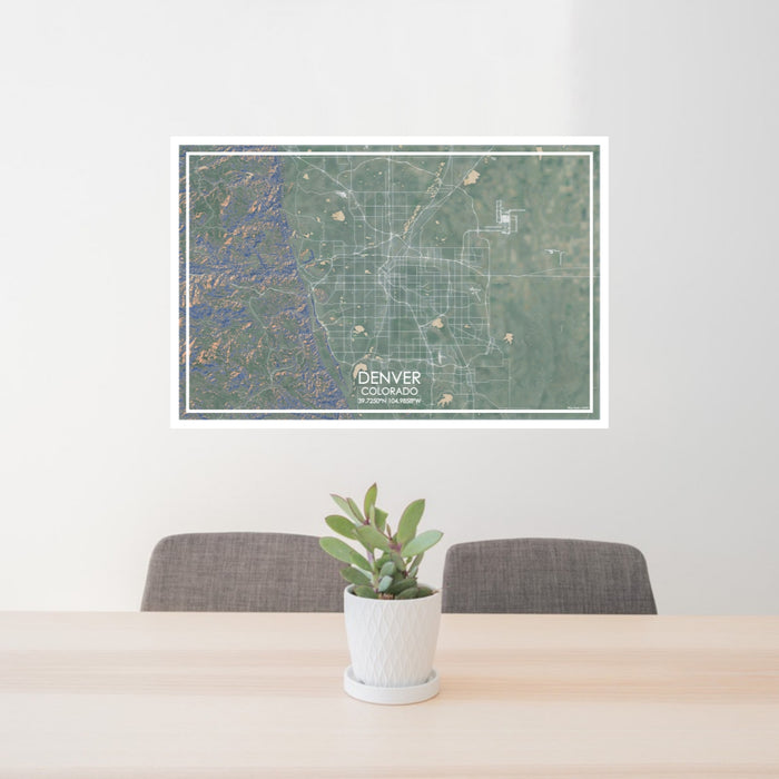 24x36 Denver Colorado Map Print Lanscape Orientation in Afternoon Style Behind 2 Chairs Table and Potted Plant