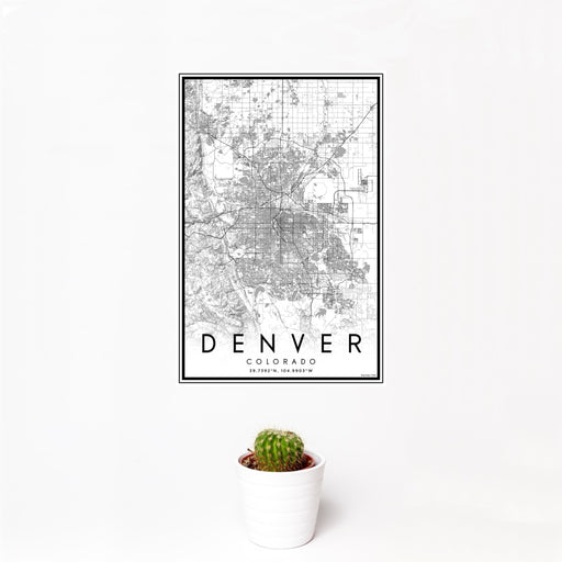 12x18 Denver Colorado Map Print Portrait Orientation in Classic Style With Small Cactus Plant in White Planter
