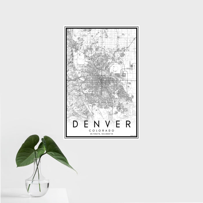16x24 Denver Colorado Map Print Portrait Orientation in Classic Style With Tropical Plant Leaves in Water