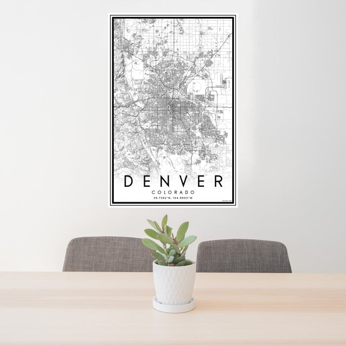 24x36 Denver Colorado Map Print Portrait Orientation in Classic Style Behind 2 Chairs Table and Potted Plant