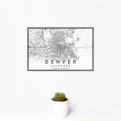 12x18 Denver Colorado Map Print Landscape Orientation in Classic Style With Small Cactus Plant in White Planter