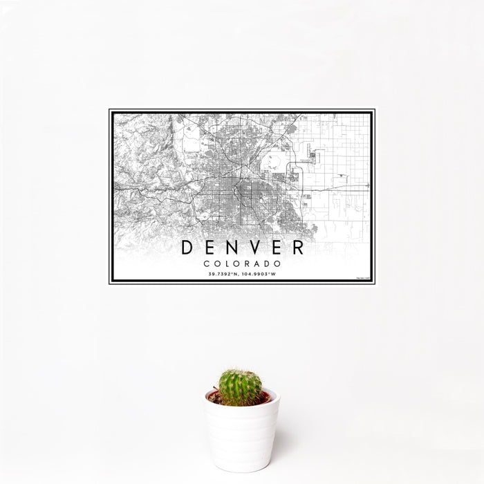 12x18 Denver Colorado Map Print Landscape Orientation in Classic Style With Small Cactus Plant in White Planter