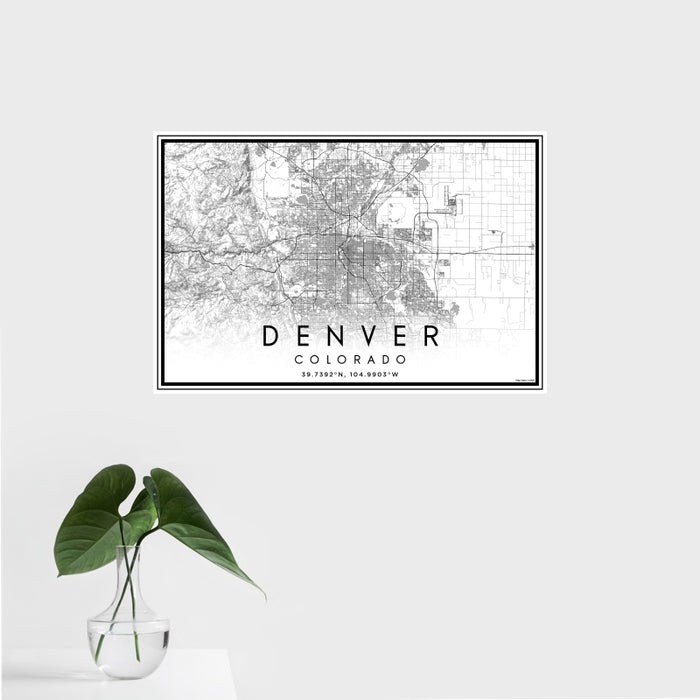 16x24 Denver Colorado Map Print Landscape Orientation in Classic Style With Tropical Plant Leaves in Water