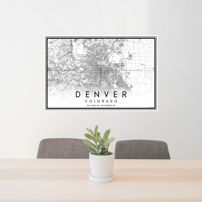 24x36 Denver Colorado Map Print Landscape Orientation in Classic Style Behind 2 Chairs Table and Potted Plant