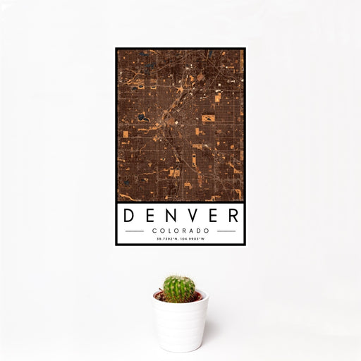 12x18 Denver Colorado Map Print Portrait Orientation in Ember Style With Small Cactus Plant in White Planter