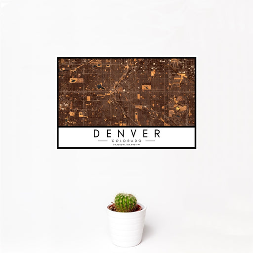 12x18 Denver Colorado Map Print Landscape Orientation in Ember Style With Small Cactus Plant in White Planter