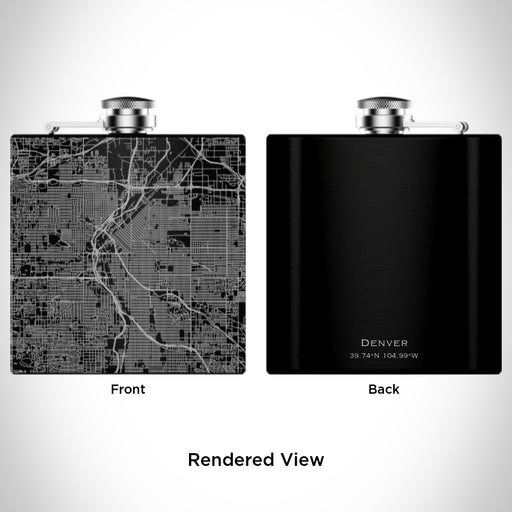 Rendered View of Denver Colorado Map Engraving on 6oz Stainless Steel Flask in Black