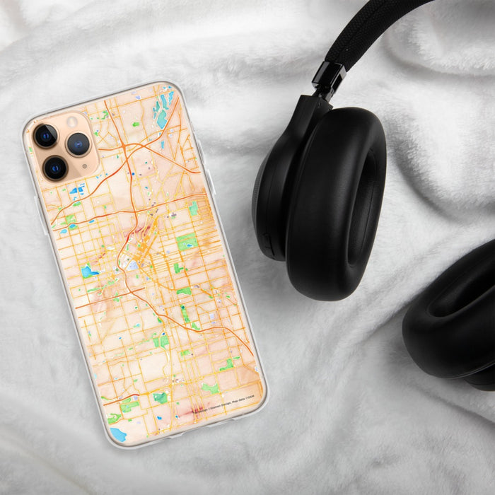 Custom Denver Colorado Map Phone Case in Watercolor on Table with Black Headphones