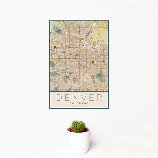 12x18 Denver Colorado Map Print Portrait Orientation in Woodblock Style With Small Cactus Plant in White Planter