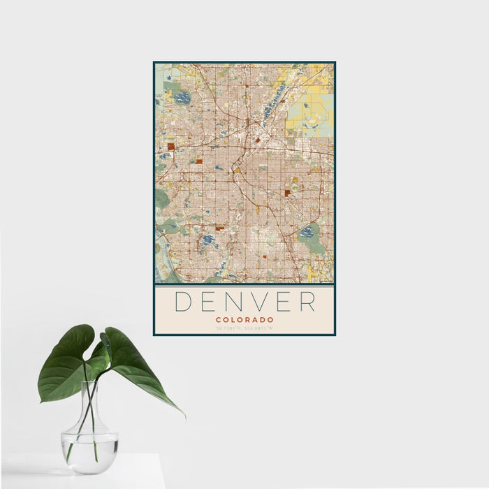 16x24 Denver Colorado Map Print Portrait Orientation in Woodblock Style With Tropical Plant Leaves in Water