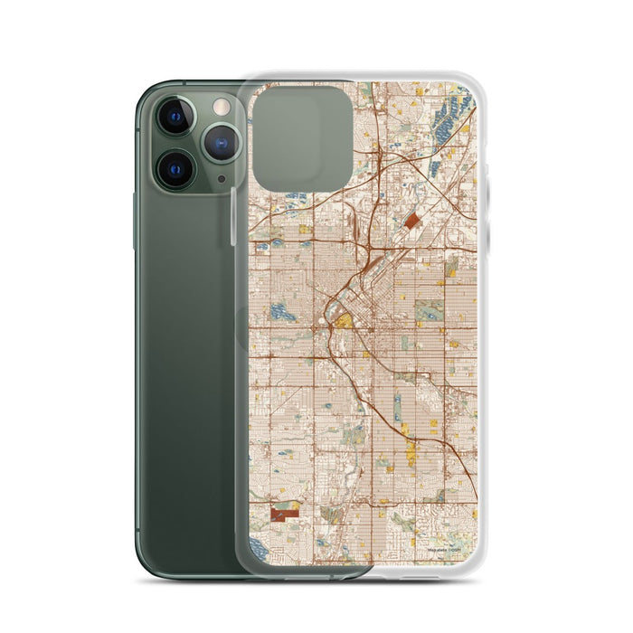 Custom Denver Colorado Map Phone Case in Woodblock on Table with Laptop and Plant