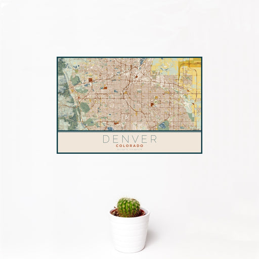 12x18 Denver Colorado Map Print Landscape Orientation in Woodblock Style With Small Cactus Plant in White Planter