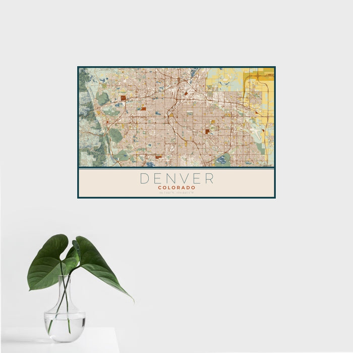 16x24 Denver Colorado Map Print Landscape Orientation in Woodblock Style With Tropical Plant Leaves in Water