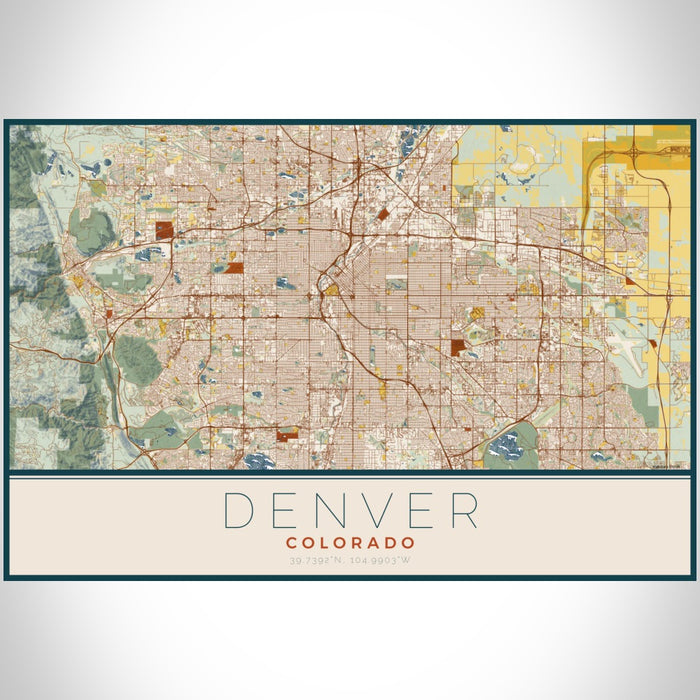 Denver Colorado Map Print Landscape Orientation in Woodblock Style With Shaded Background