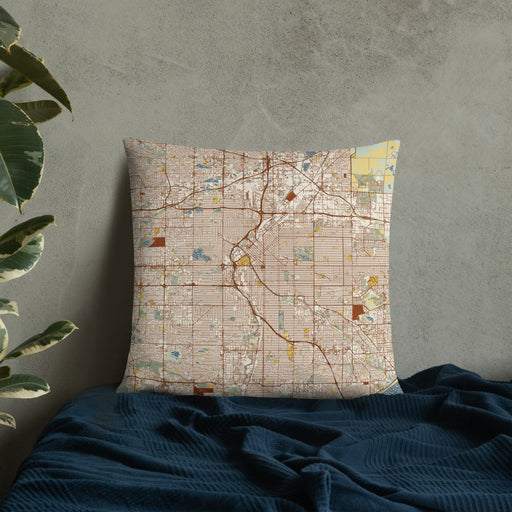 Custom Denver Colorado Map Throw Pillow in Woodblock on Bedding Against Wall