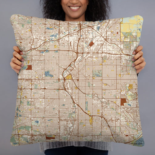 Person holding 22x22 Custom Denver Colorado Map Throw Pillow in Woodblock