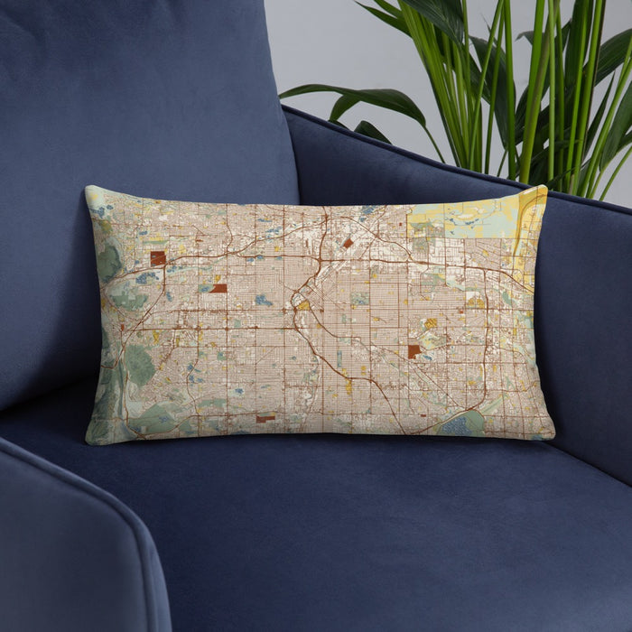 Custom Denver Colorado Map Throw Pillow in Woodblock on Blue Colored Chair