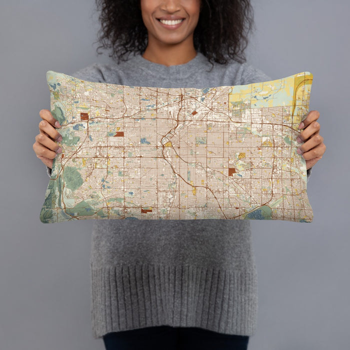 Person holding 20x12 Custom Denver Colorado Map Throw Pillow in Woodblock
