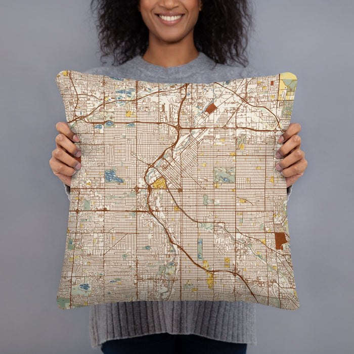 Person holding 18x18 Custom Denver Colorado Map Throw Pillow in Woodblock
