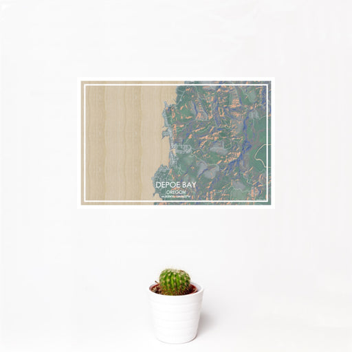 12x18 Depoe Bay Oregon Map Print Landscape Orientation in Afternoon Style With Small Cactus Plant in White Planter